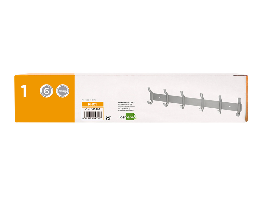 PERCHERO LIDERPAPEL PARED METALICO 6 COLGADORES COLOR PLATA MATE 430X88X55 MM