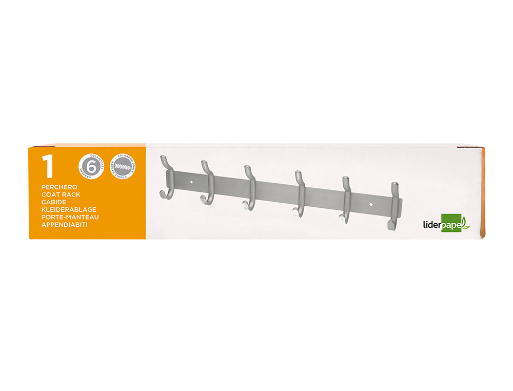 PERCHERO LIDERPAPEL PARED METALICO 6 COLGADORES COLOR PLATA MATE 430X88X55 MM