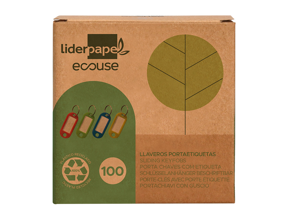 LLAVERO PORTAETIQUETAS LIDERPAPEL ECOUSE FABRICADO EN PLASTICO RECICLADO CAJA DE 100 UNIDADES