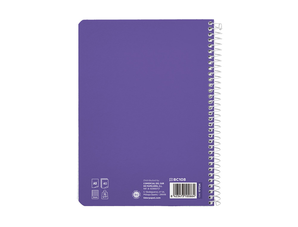CUADERNO ESPIRAL LIDERPAPEL A5 PAUTAGUIA TAPA BLANDA 40H 75 GR CUADRO PAUTADO 3MM COLOR LILA