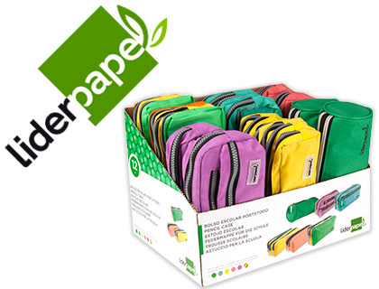 BOLSO ESCOLAR PORTATODO LIDERPAPEL EXPOSITOR DE 12 UNIDADES COLORES Y MODELOS SURTIDOS