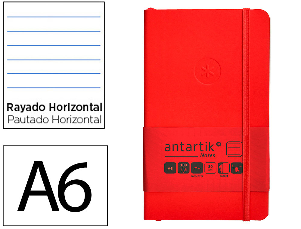 CUADERNO CON GOMILLA ANTARTIK NOTES TAPA BLANDA A6 RAYAS ROJO 100 HOJAS 80 GR FSC