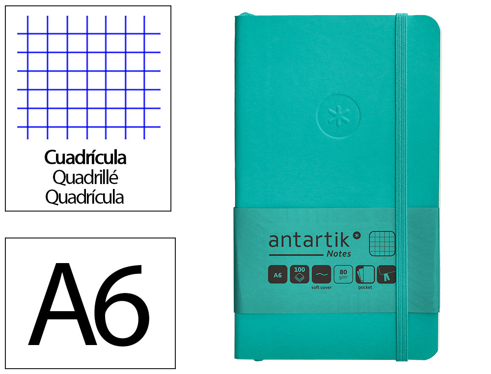 CUADERNO CON GOMILLA ANTARTIK NOTES TAPA BLANDA A6 CUADRICULA TURQUESA 100 HOJAS 80 GR FSC