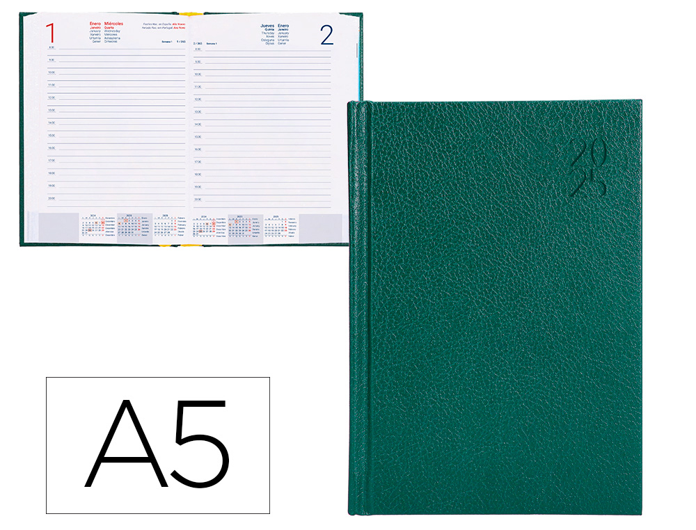 AGENDA ENCUADERNADA LIDERPAPEL CORFU A5 2025 DIA PAGINA COLOR VERDE PAPEL 60 GR