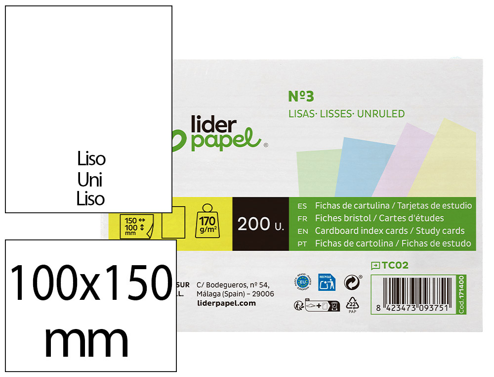 TARJETA LIDERPAPEL PARA ESTUDIAR LISA CARTULINA DE COLORES 170 GR/M2 100X150MM PAQUETE DE 200 UNIDADES