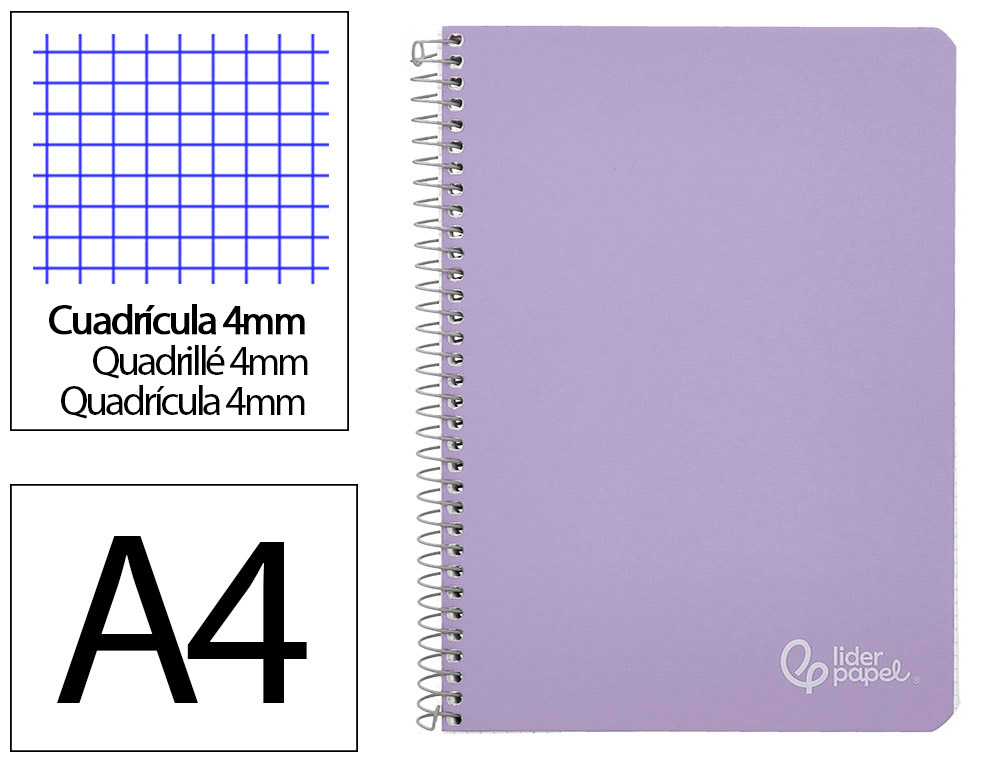 CUADERNO ESPIRAL LIDERPAPEL A4 WITTY TAPA DURA 80H 90GR CUADRO 4MM CON MARGEN COLOR VIOLETA