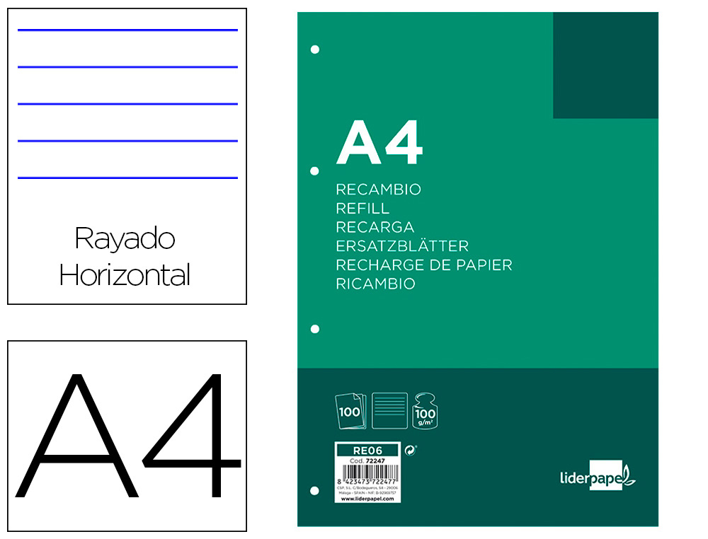 RECAMBIO LIDERPAPEL A4 100 HOJAS 100 G/M2 RAYADO HORIZONTAL 4 TALADROS BANDAS DE 5 COLORES