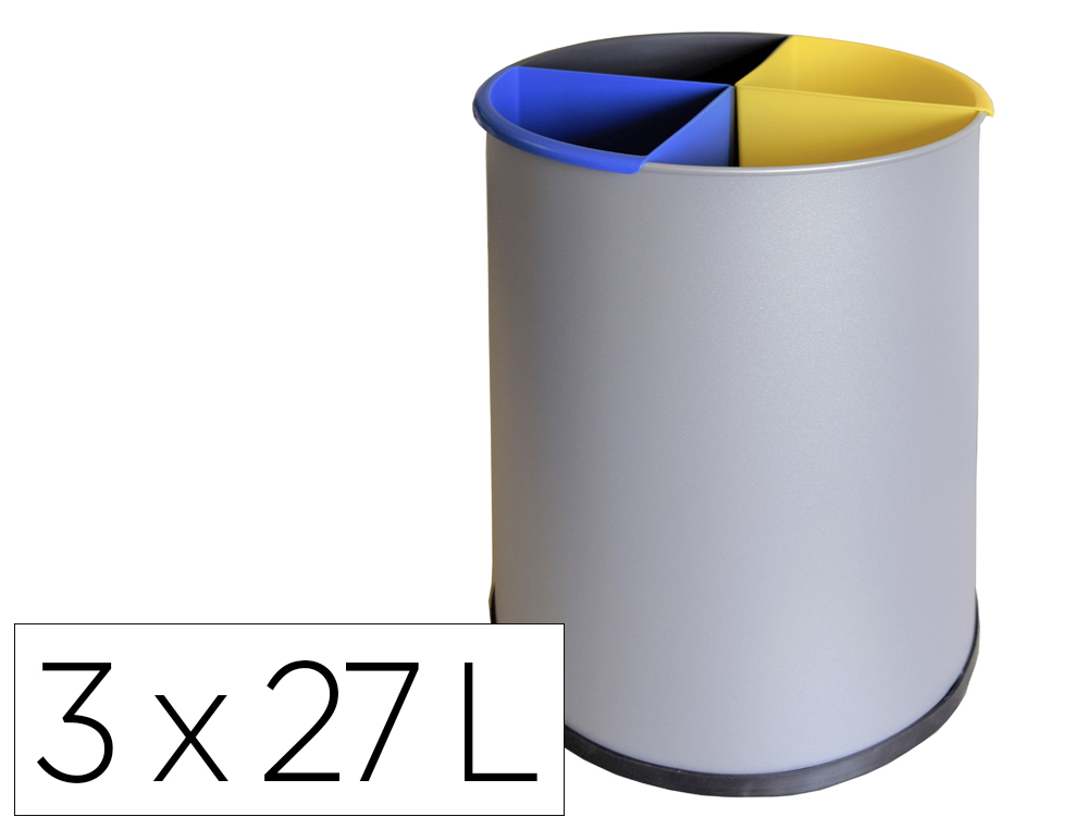 PAPELERA METALICA SIE PARA RECICLAJE CON 3 DEPARTAMENTO EXTRAIBLE 3X27 LITROS 300X295 MM, COLOR PLATA