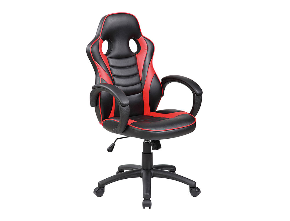 SILLA ROCADA GAMING CON BRAZOS FIJOS BASE NYLON CON RUEDAS BASCULANTE SIMILPIEL NEGRO/ROJO 480X490X1060-1160